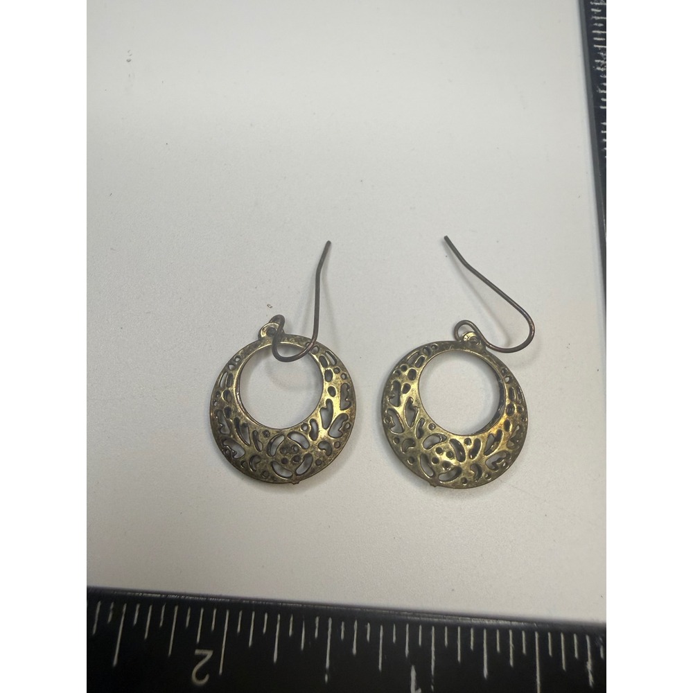 Antique‎ Brass Filigree Openwork Crescent Hoop Drop Earrings Boho Dangle